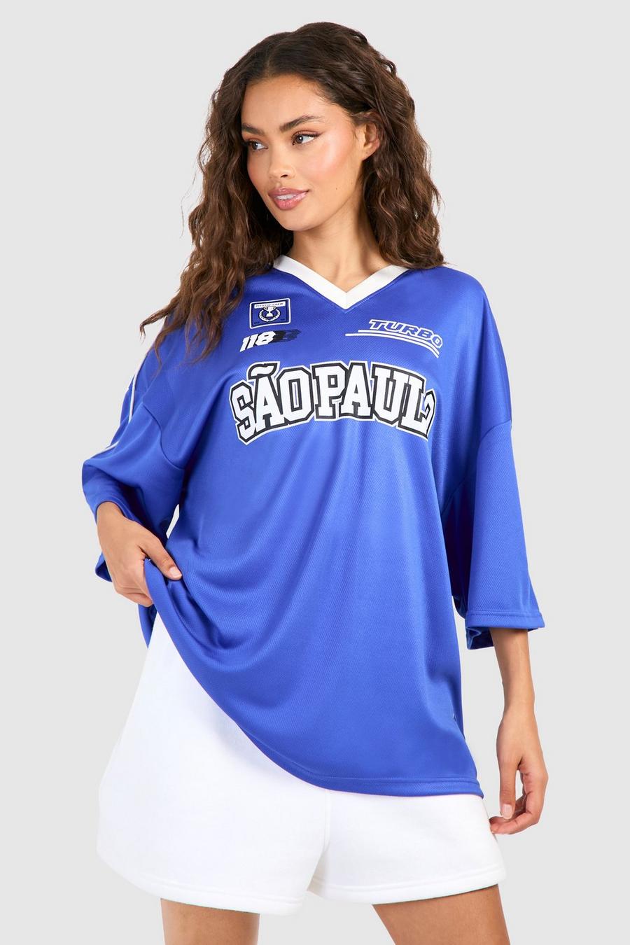 Blue Sao Paolo Applique Slogan Paneled Football Top image number 1