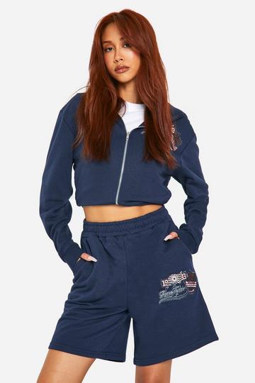 Navy Motorcross Applique Badge Zip Through Crop Hoodie