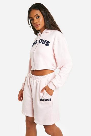 Bisous Denim Applique Crop Zip Through Hoodie pink