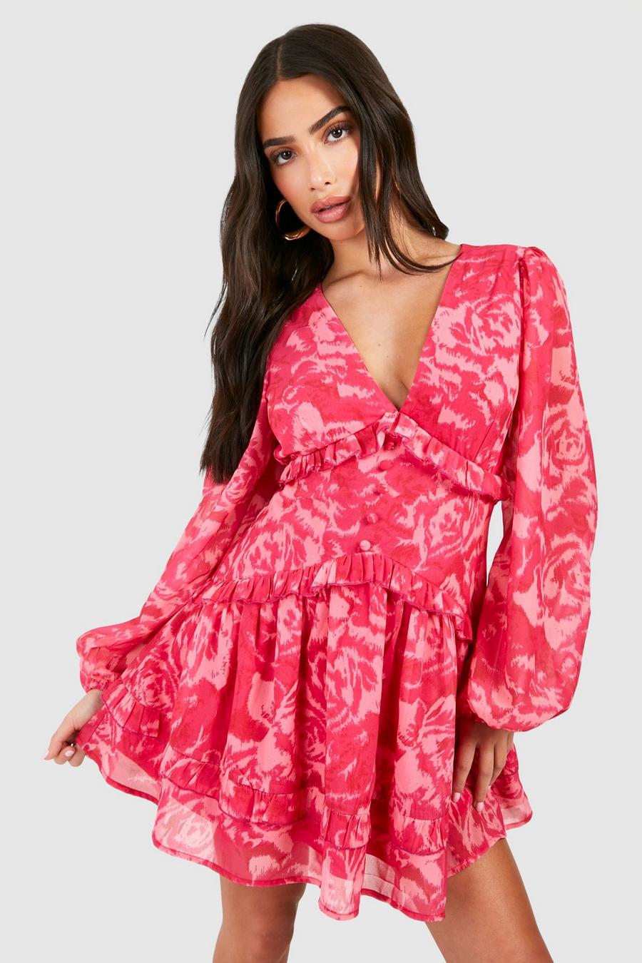 Pink Petite Blommig miniklänning med volanger image number 1