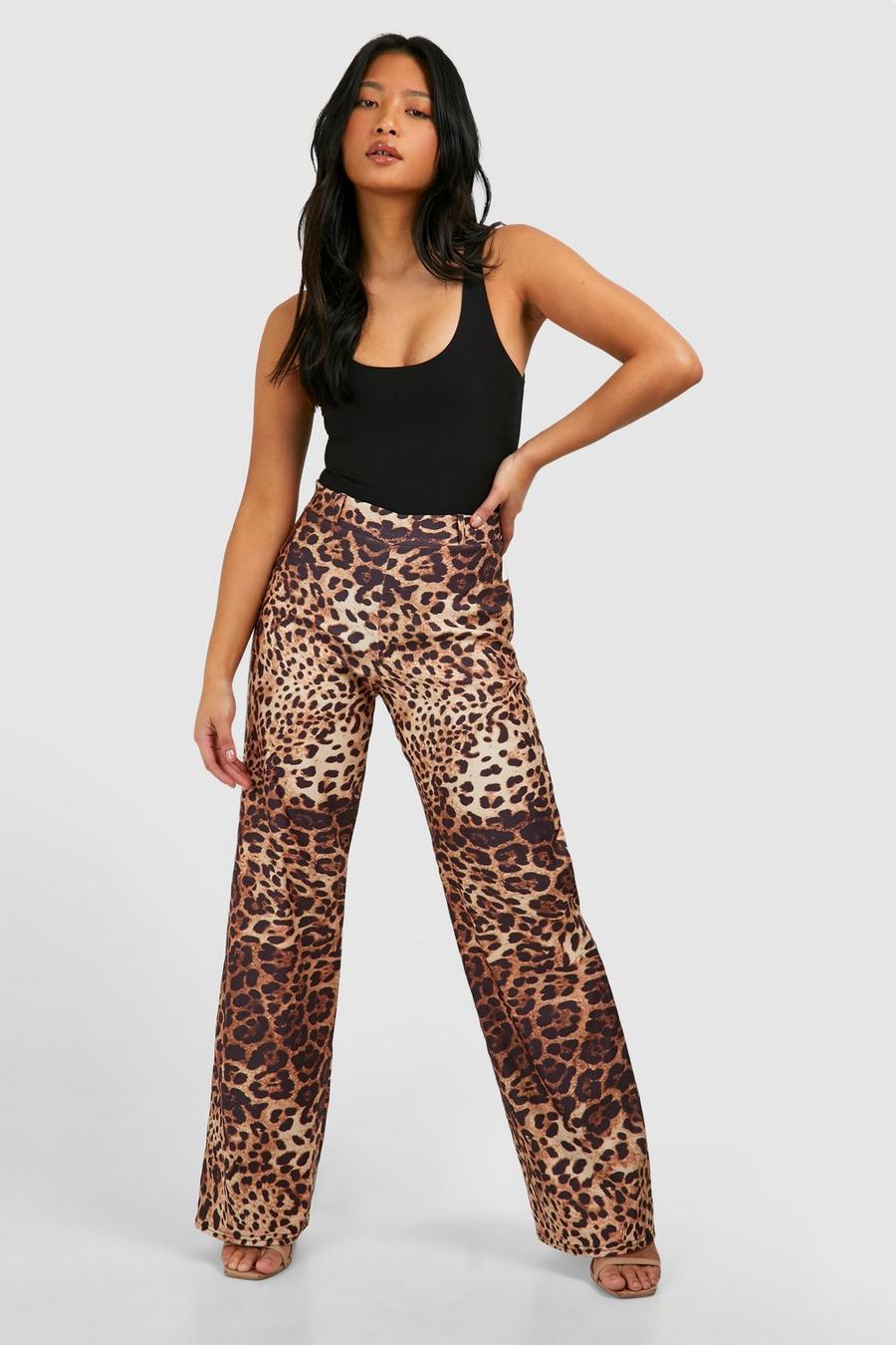 Natural Petite Leopard Print Straight Leg Bengaline Pants