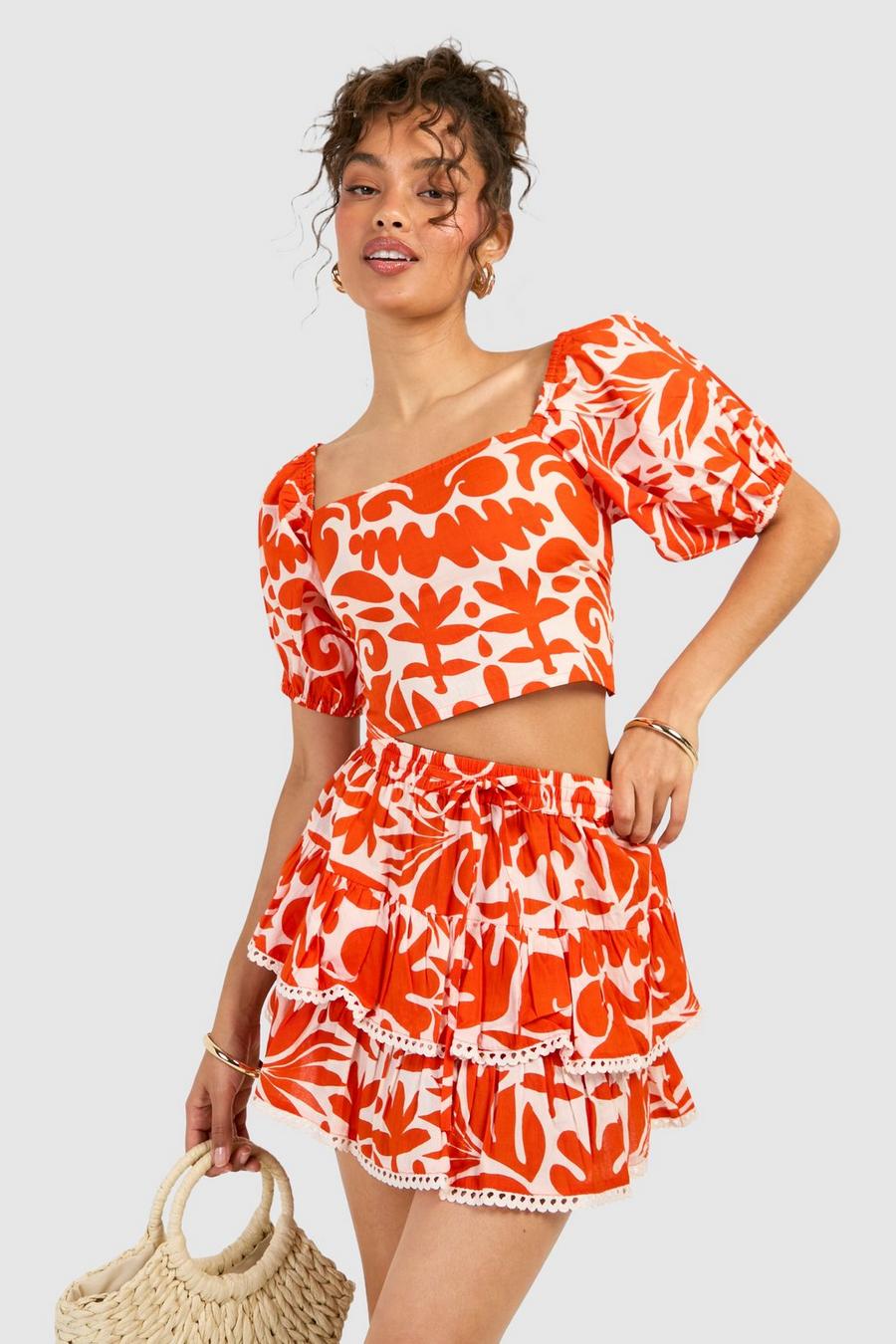 Abstract Cotton Crochet Trim Rara Skirt, Orange