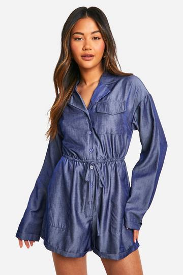 Longsleeve Chambray Utility Pocket Romper indigo