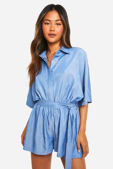 Chambray Floaty Tie Waist Playsuit light blue