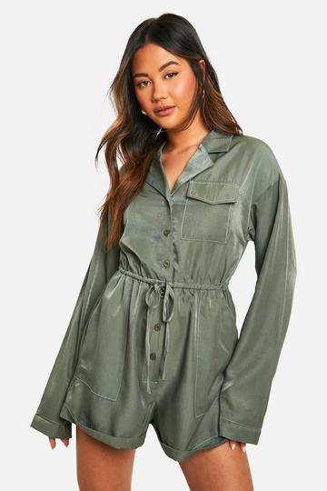 Longsleeve Chambray Utility Pocket Romper washed khaki