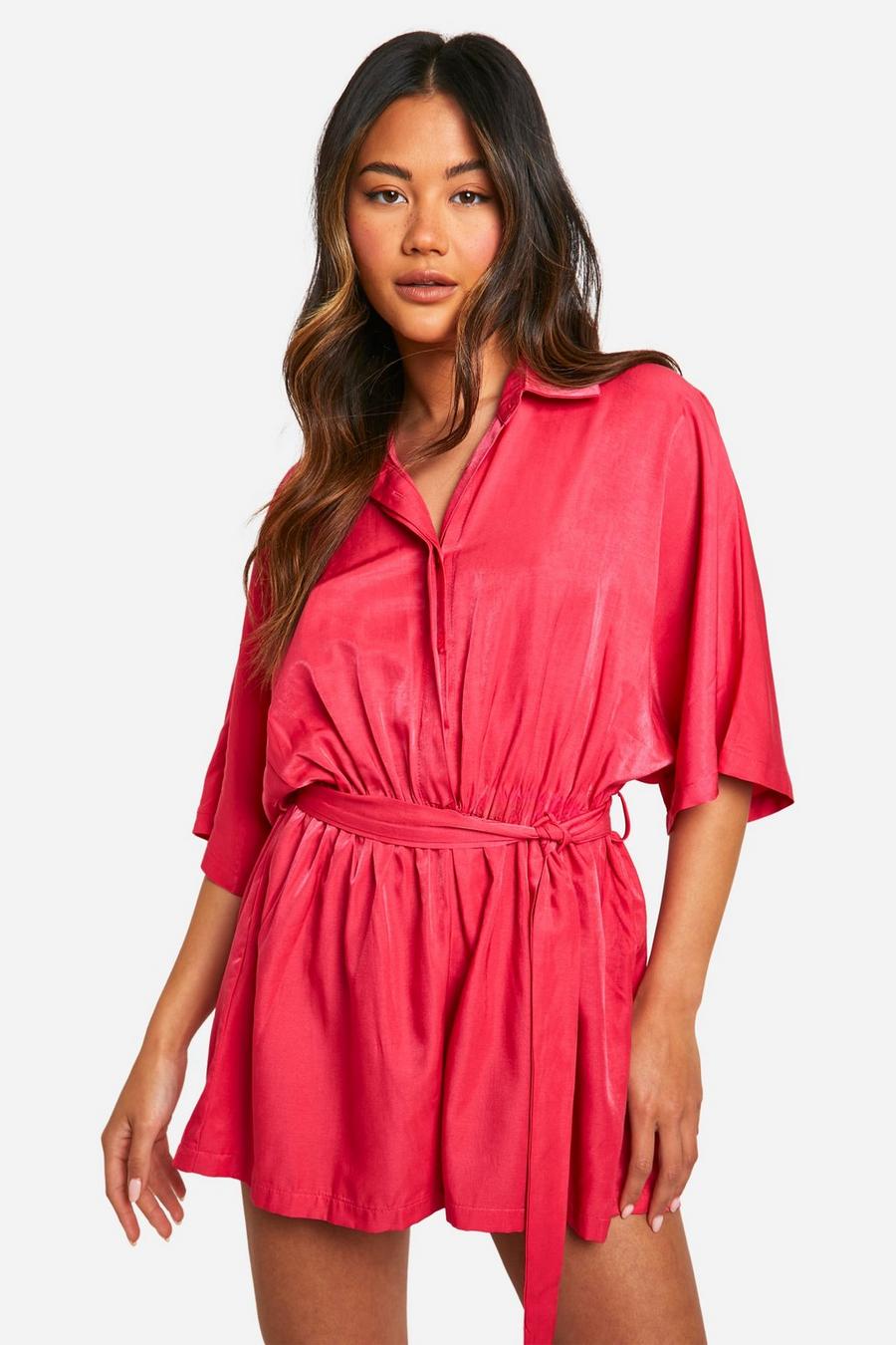 Pink Chambray Floaty Tie Waist Playsuit image number 1