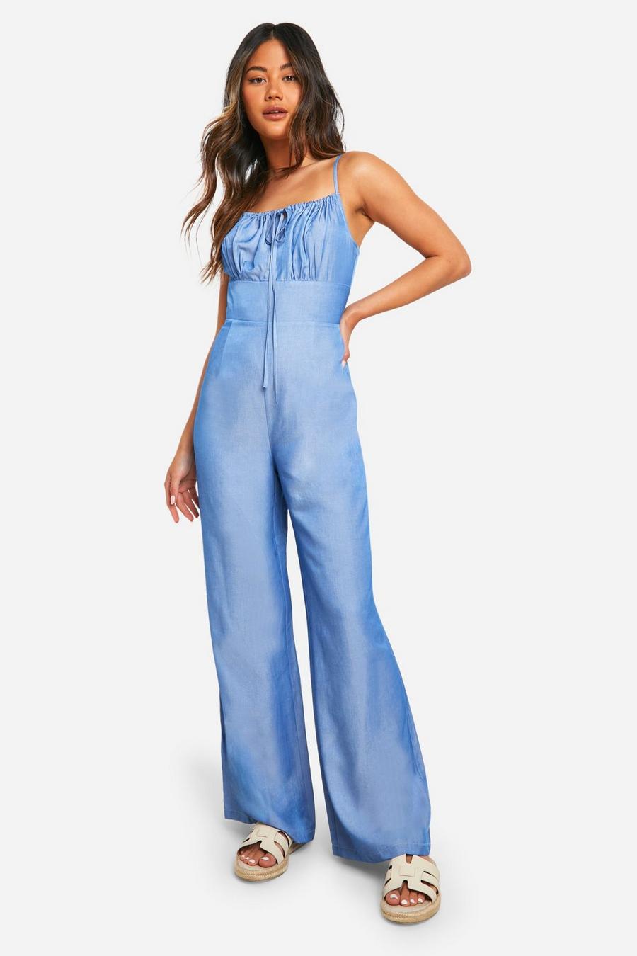 Mid blue Chambray Keyhole Detail Wide Leg Jumpsuit image number 1