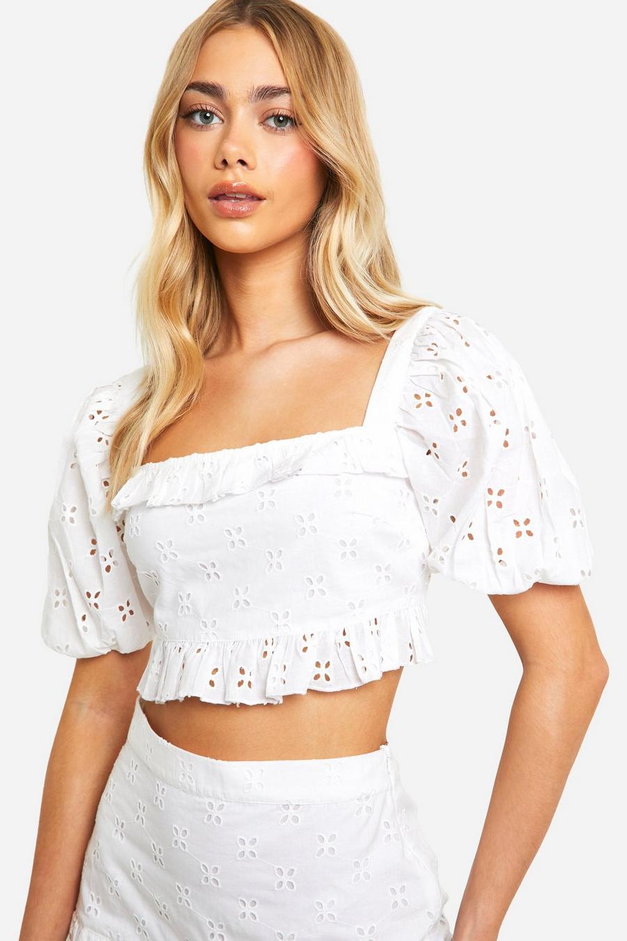 White Ruffle Milkmaid Contrast Stitch Broderie Top