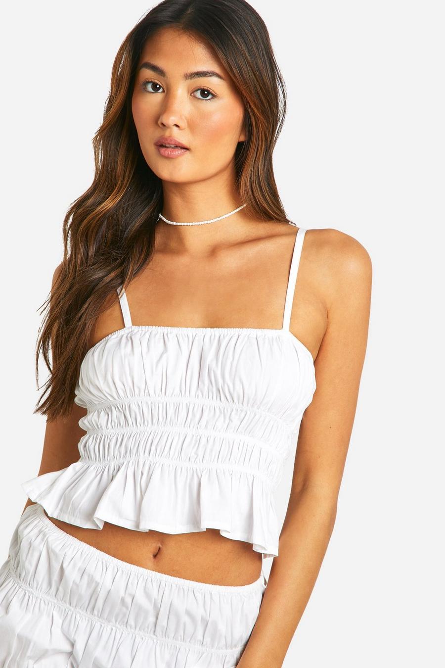 White Cotton Poplin Ruched Strappy Top image number 1