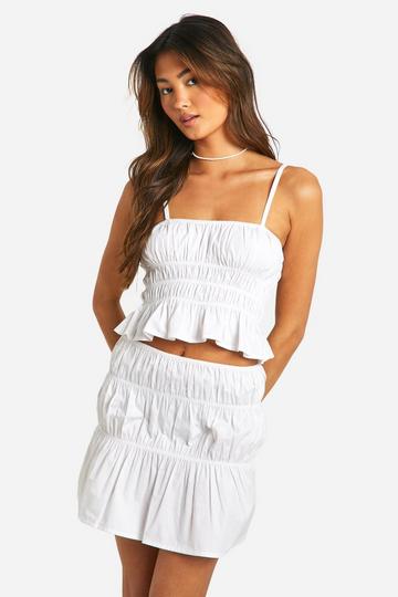 White Cotton Poplin Ruched Mini Skirt