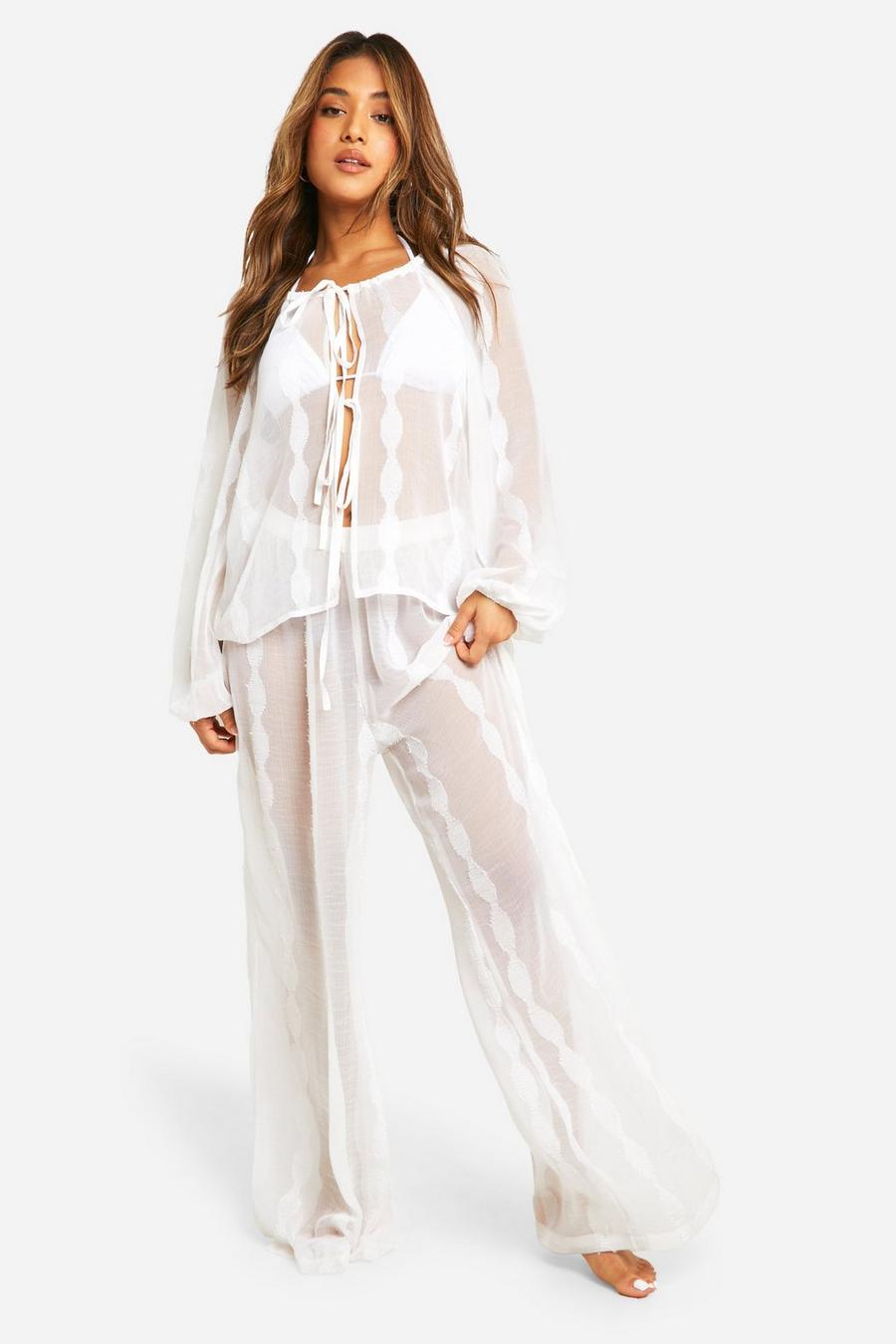 White Petite Tie Front Shirt And Pants Beach Set image number 1