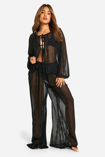 Black Petite Tie Front Shirt And Pants Beach Set