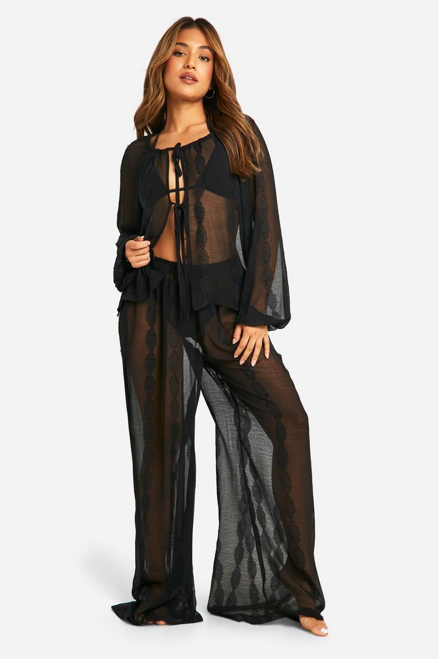 Black Petite Tie Front Shirt And Trouser Beach Set image number 1