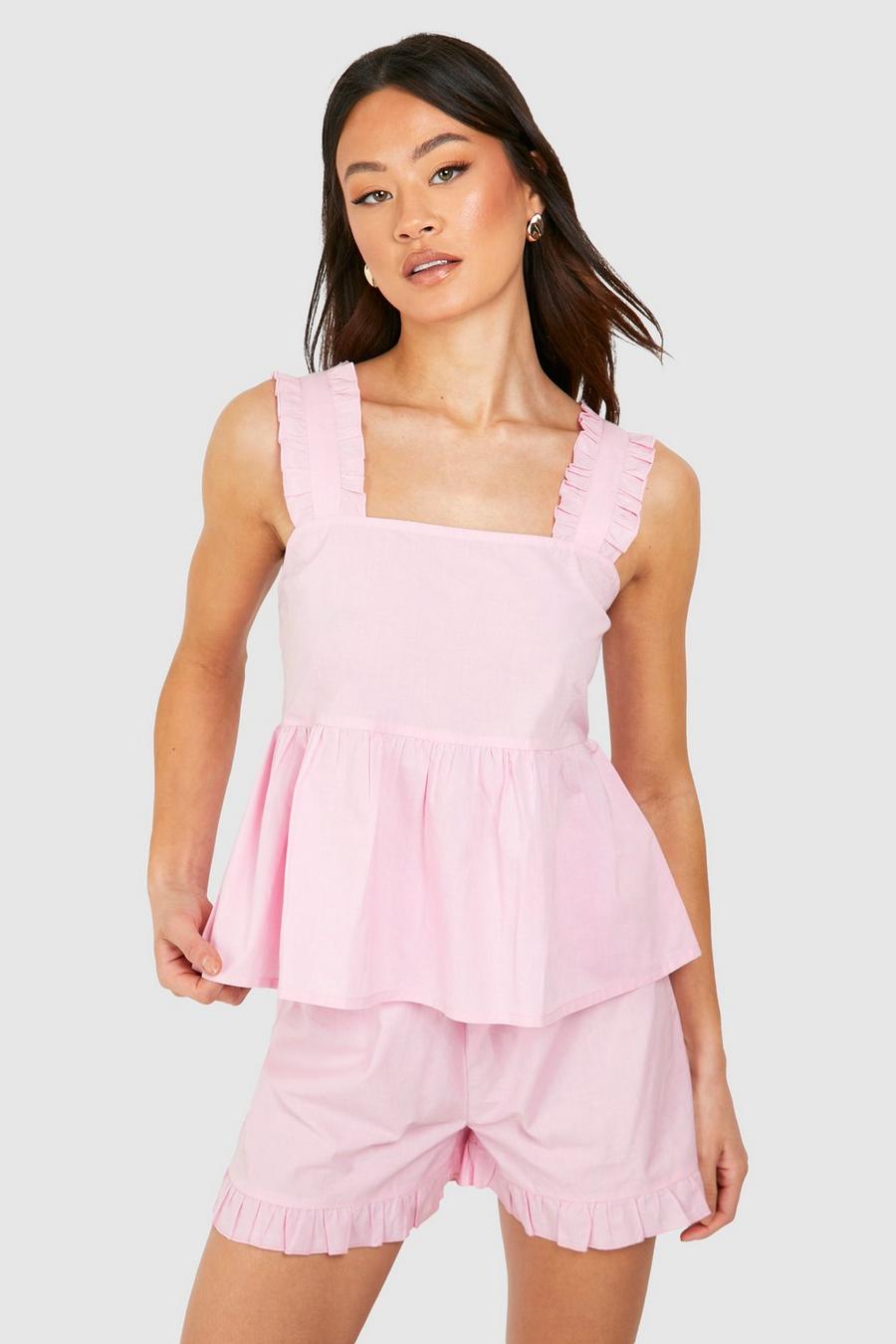 Pink Tall Poplin Pyjama Set Met Ruches image number 1