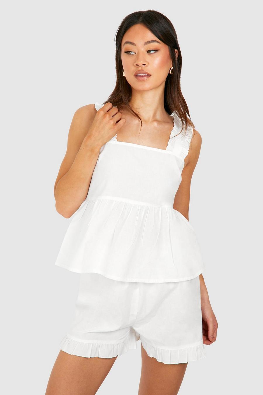 Set pigiama Tall in popeline con dettagli arricciati, White