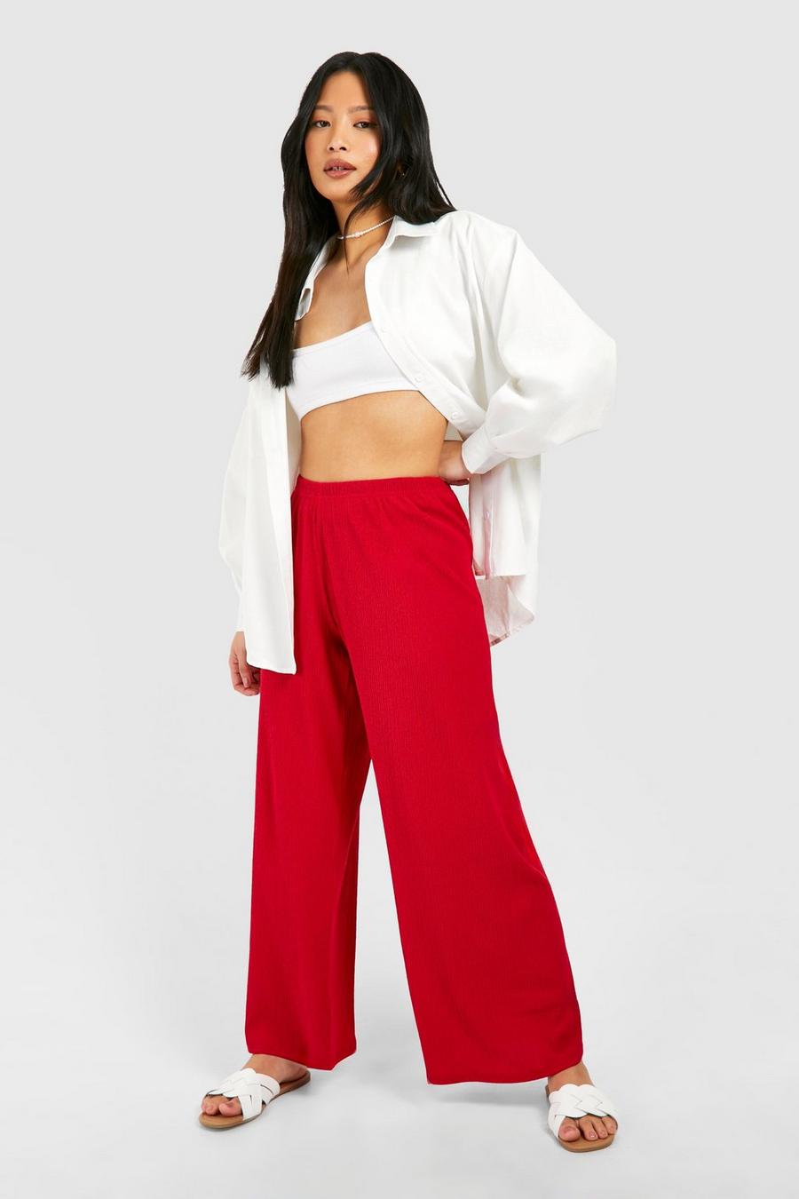 Petite Textured Ripple Wide Leg Trouser , Red