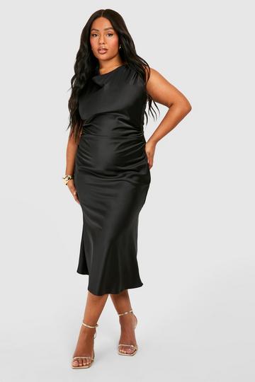 Black Plus Satin Cowl Front Midi Dress