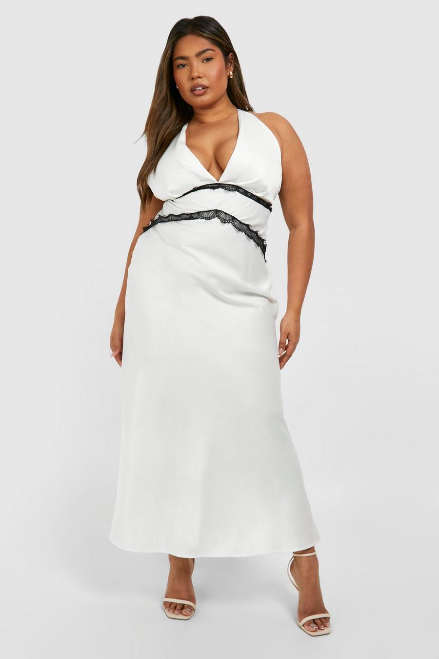 White Plus V Neck Lace Detail Cross Back Maxi Dress  image number 1