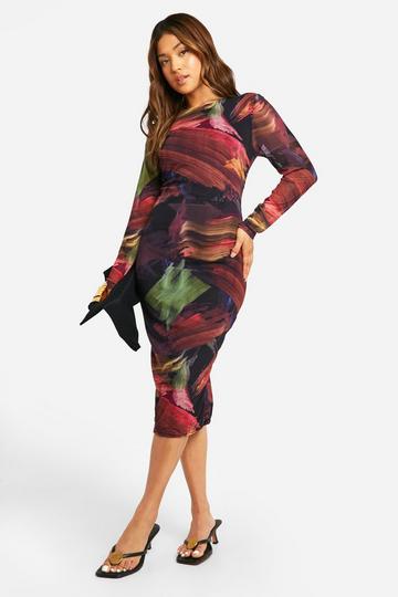 Petite Mesh Long Sleeve Midi Dress multi