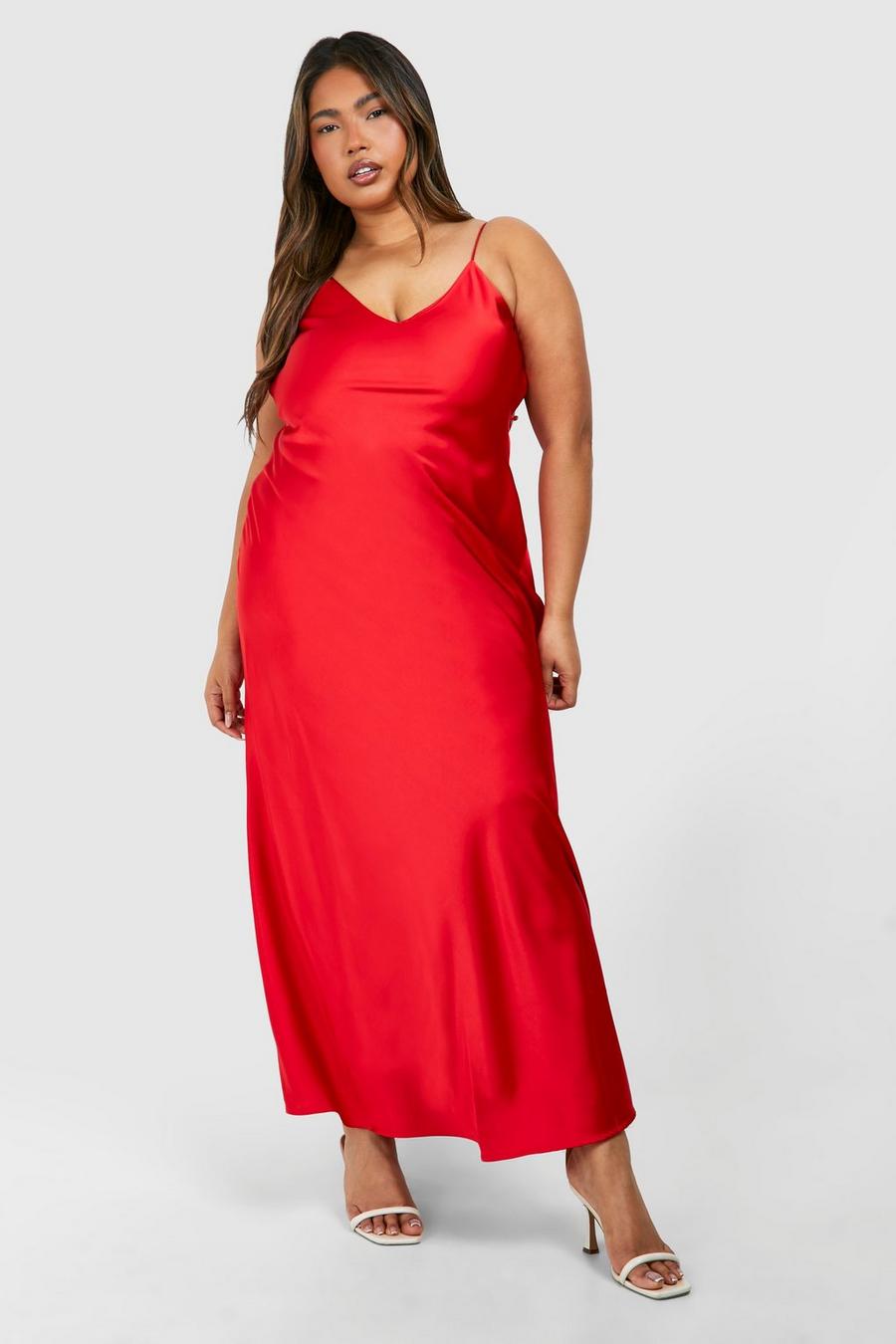 Red Plus Open Back Detail Satin Maxi Dress image number 1