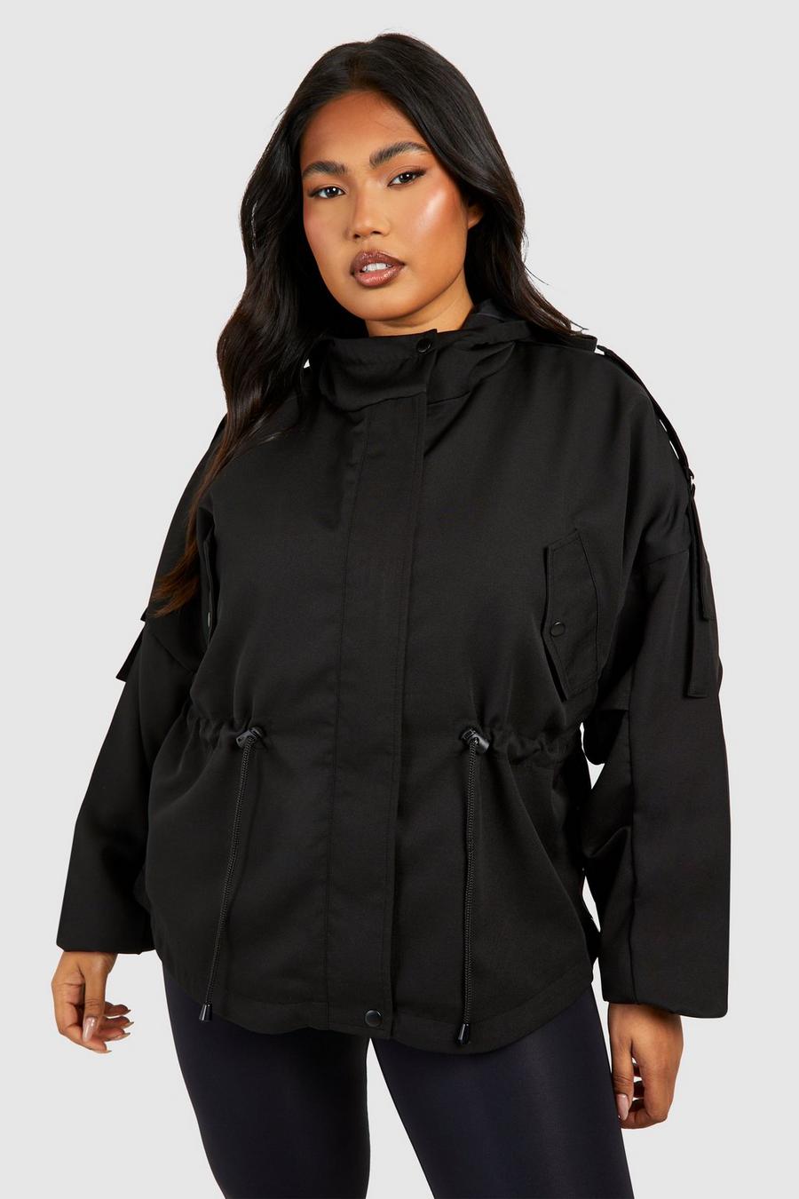 Black Plus Shaped Waist Hooded Jacket