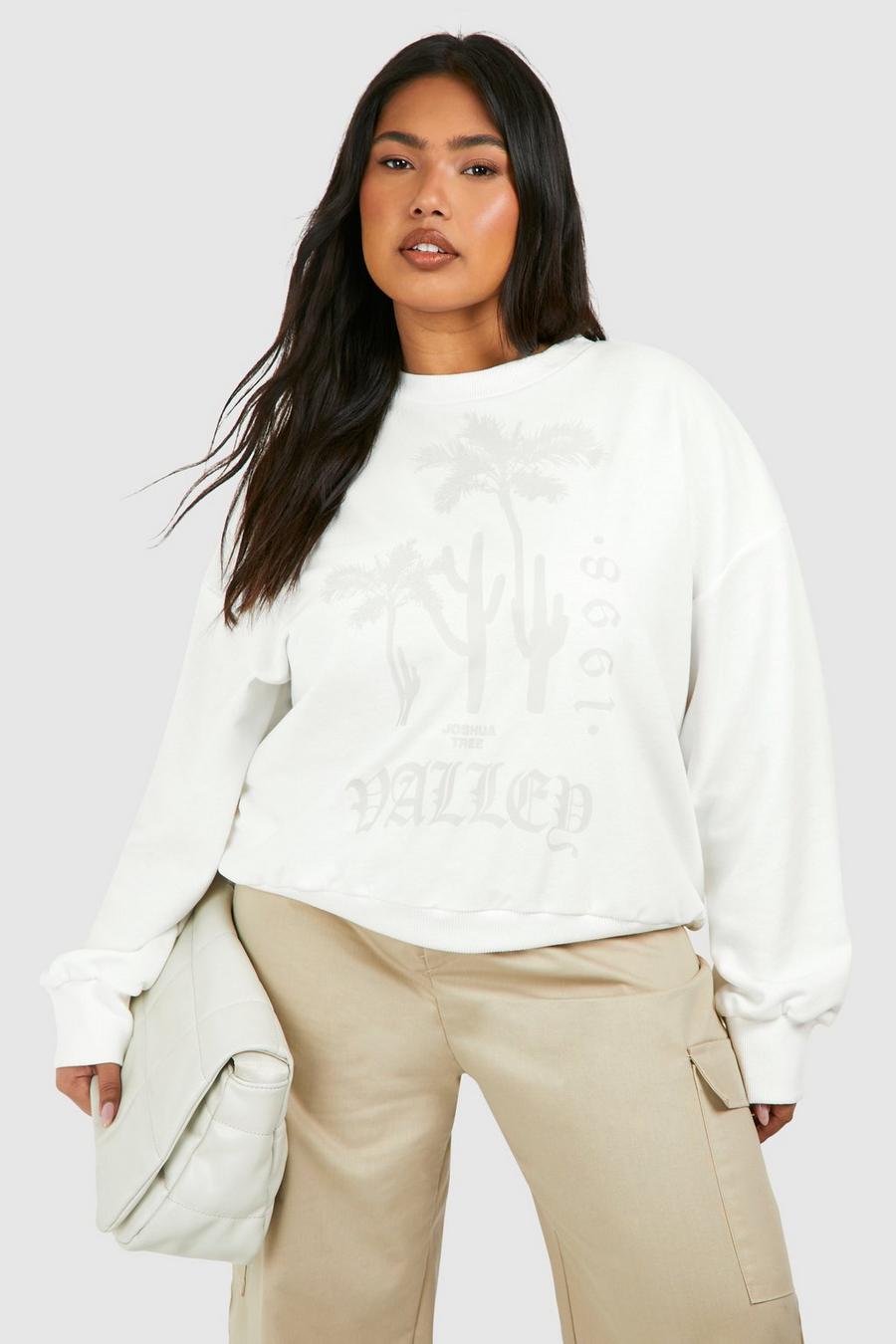 Plus Oversize Sweatshirt mit Palmen-Slogan, Ecru image number 1