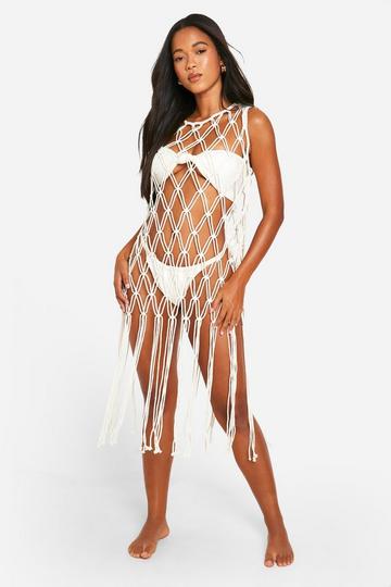 Premium Open Crochet Tassel Beach Dress ivory