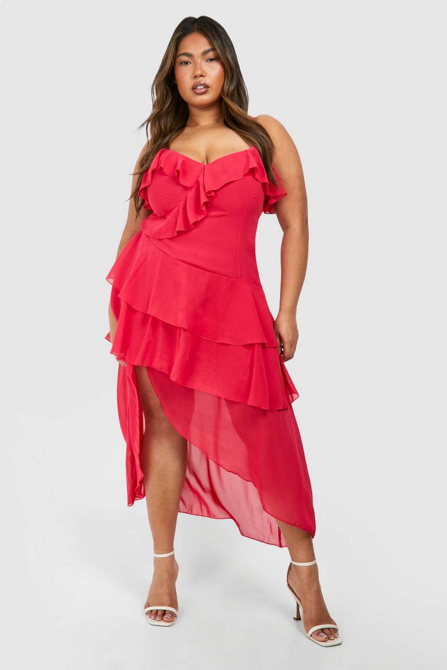 Vestito longuette Plus Size con arricciature, Hot pink