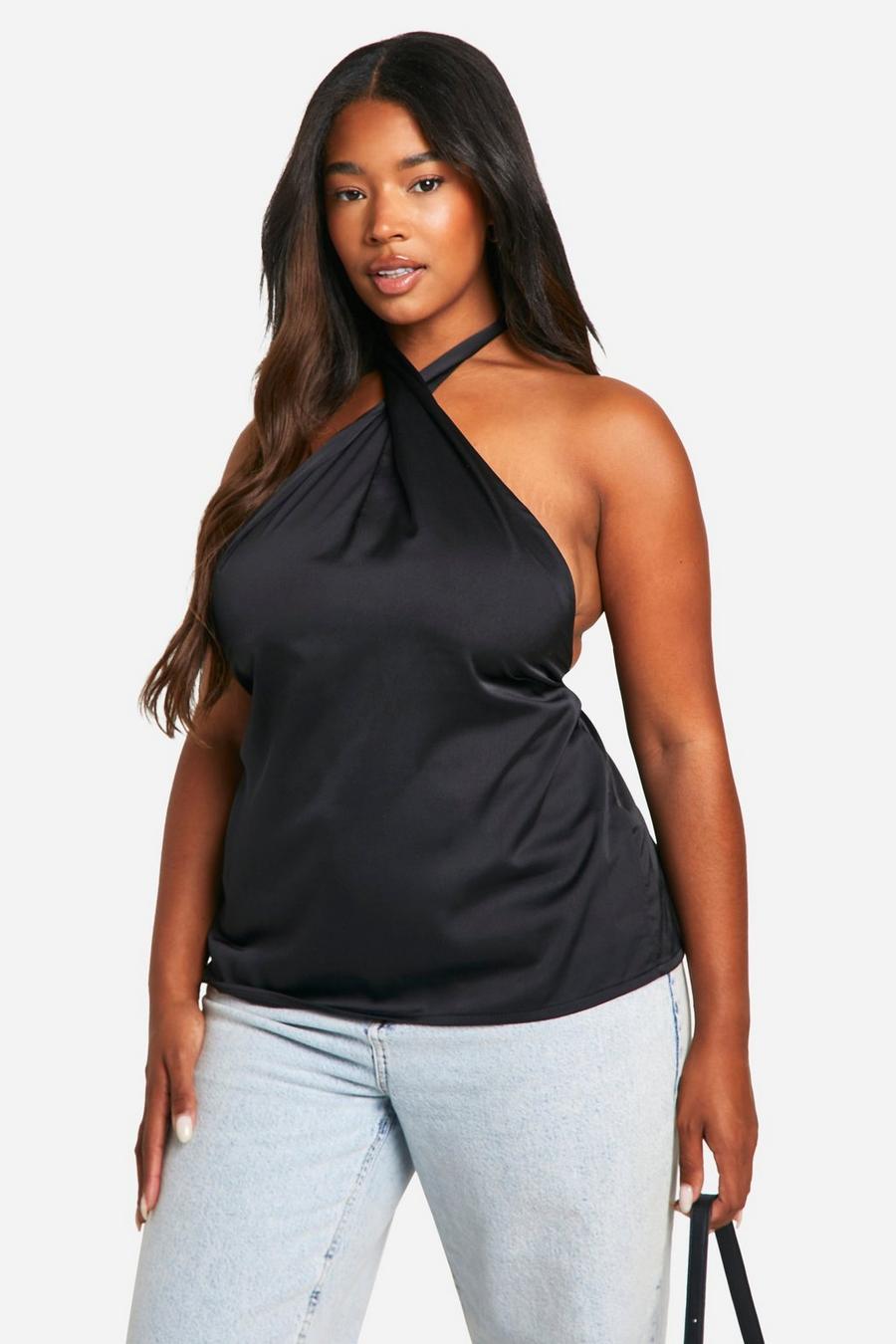 Black Satin Lace Trim Halterneck Top