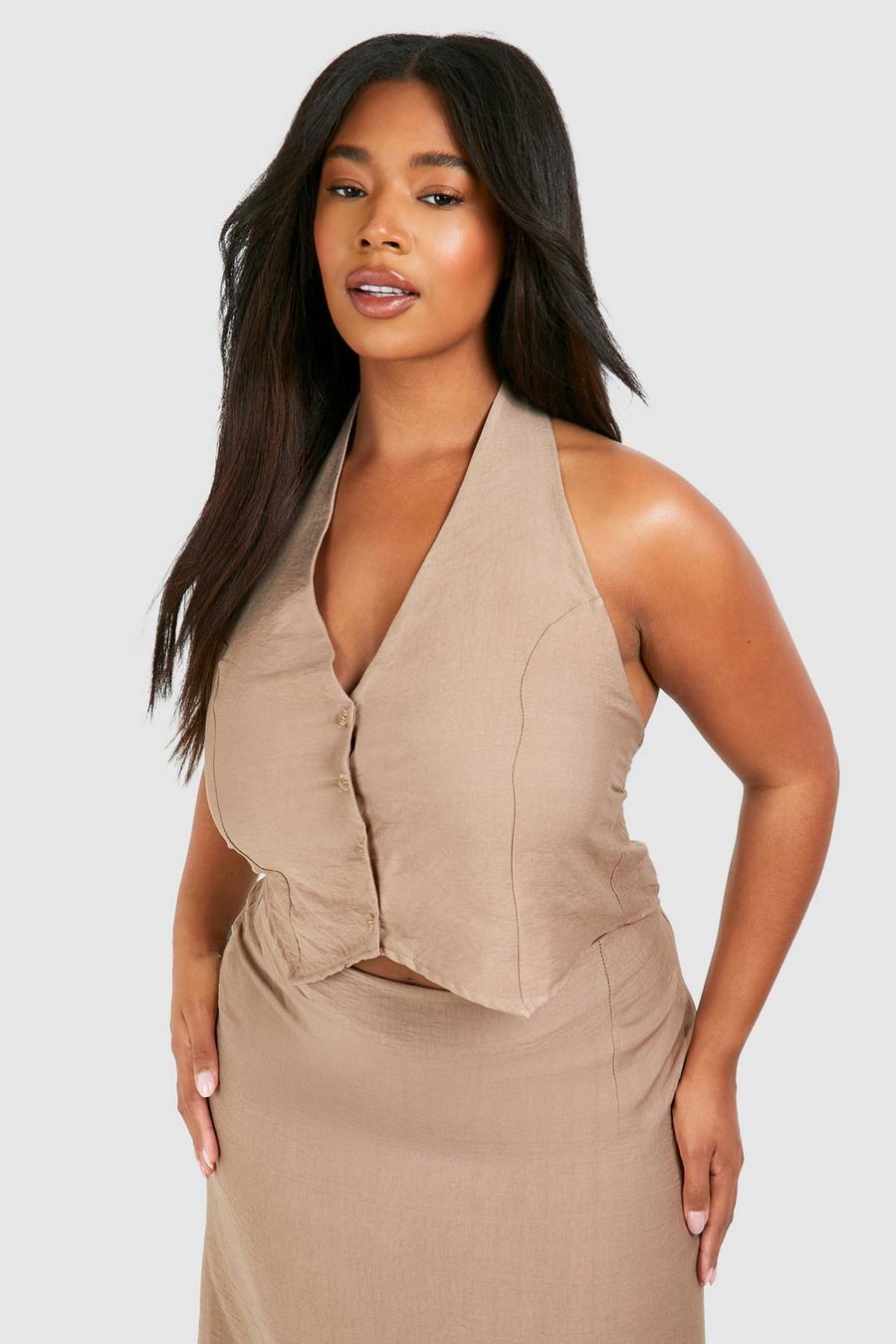Taupe Plus Textured Woven Halter Vest image number 1