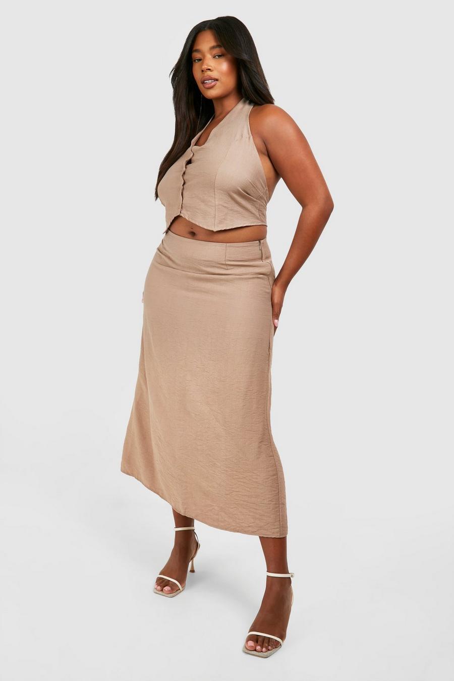 Gonna longuette Plus Size in tessuto con trama, Taupe image number 1