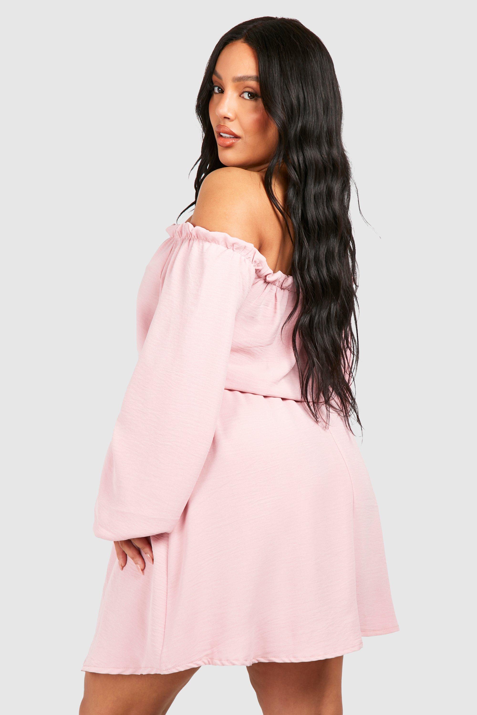 Plus Textured Satin Bardot Frill Detail Mini Dress boohoo IE