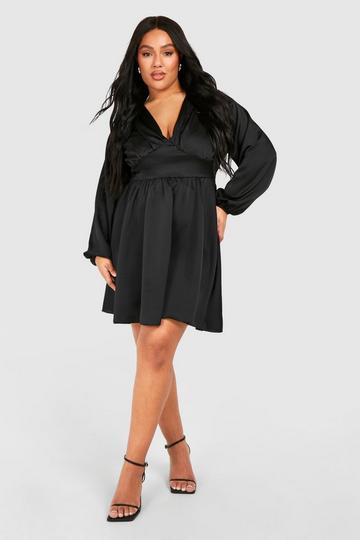 Black Plus Satin Corset Detail Skater Mini Dress