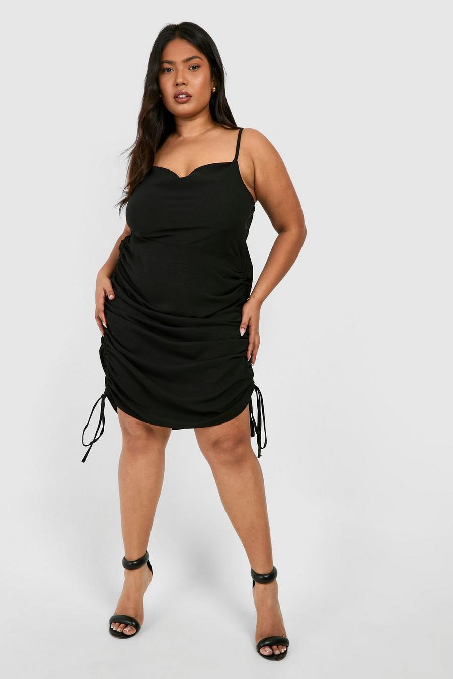 Black Plus Textured Satin Cowl Neck Ruched Mini Dress 
