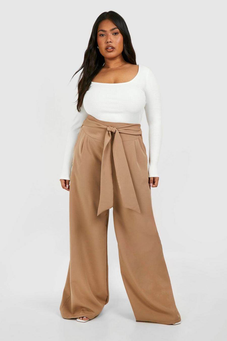 Taupe Plus Woven Tie Waist Detail Straight Leg Pants image number 1