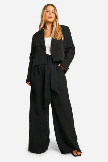 Plus Woven Tie Waist Detail Straight Leg Trouser black