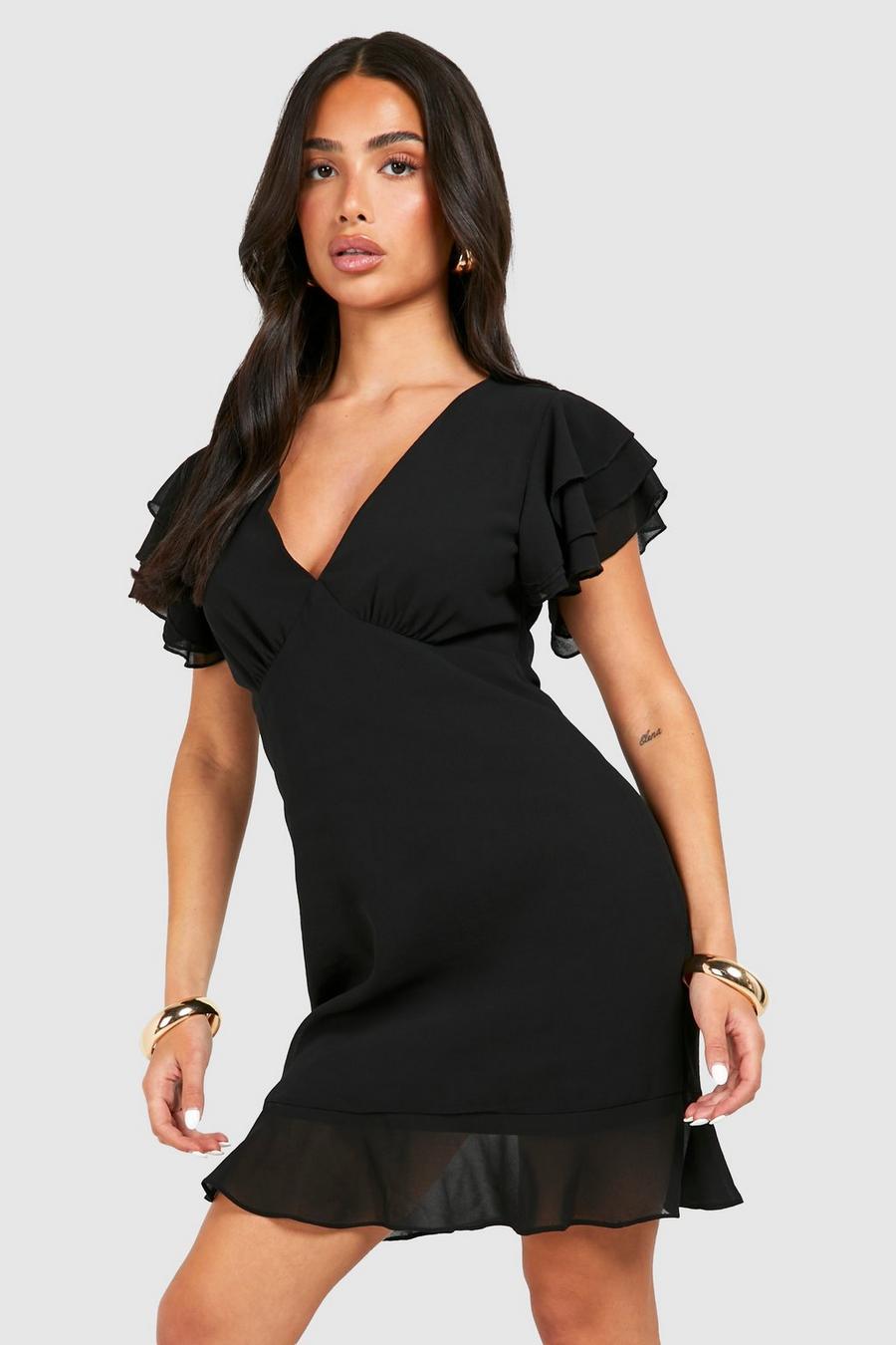Black Petite Chiffon Frill Shoulder Mini Dress