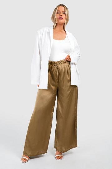 Plus Satin Drawstring Waistband Wide Leg Trouser mushroom