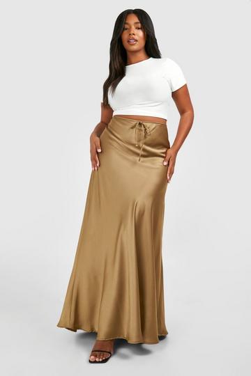 Plus Satin Drawcord Maxi Skirt camel