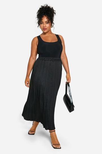 Black Plus Satin Pleated Full Midaxi Skirt