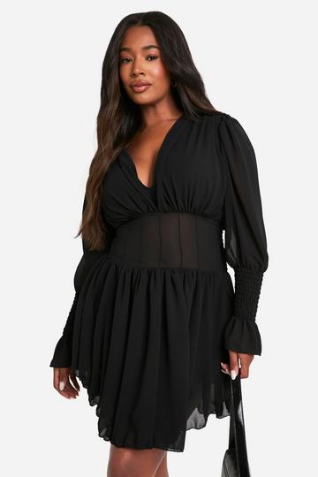 Plus Chiffon Plunge Skater Dress black