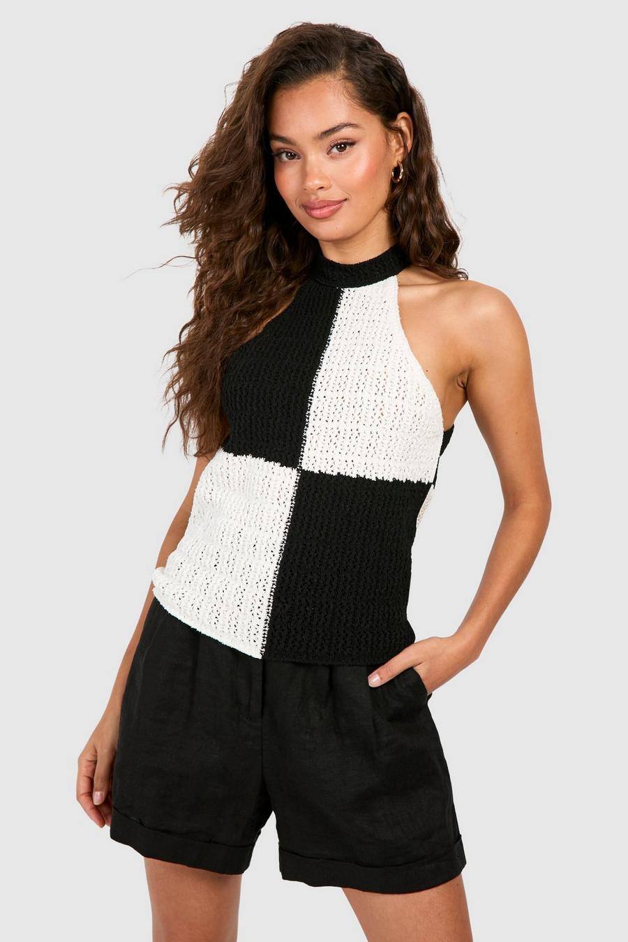 Black Monochrome Crochet Knitted Tank Top