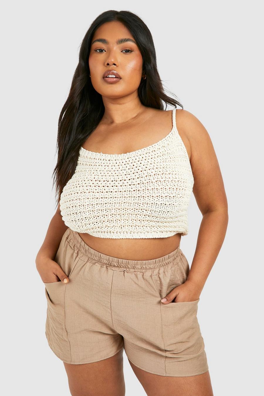 Taupe Plus Textured Woven Elasticated Waistband Pocket Detail Short