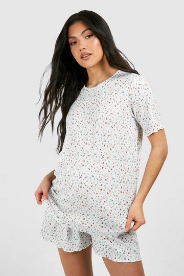 Maternity Ribbed Ditsy Floral Print Pyjama Short Set cream