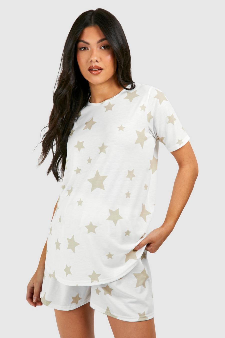 Pijama Premamá corto con estampado de estrellas, Cream