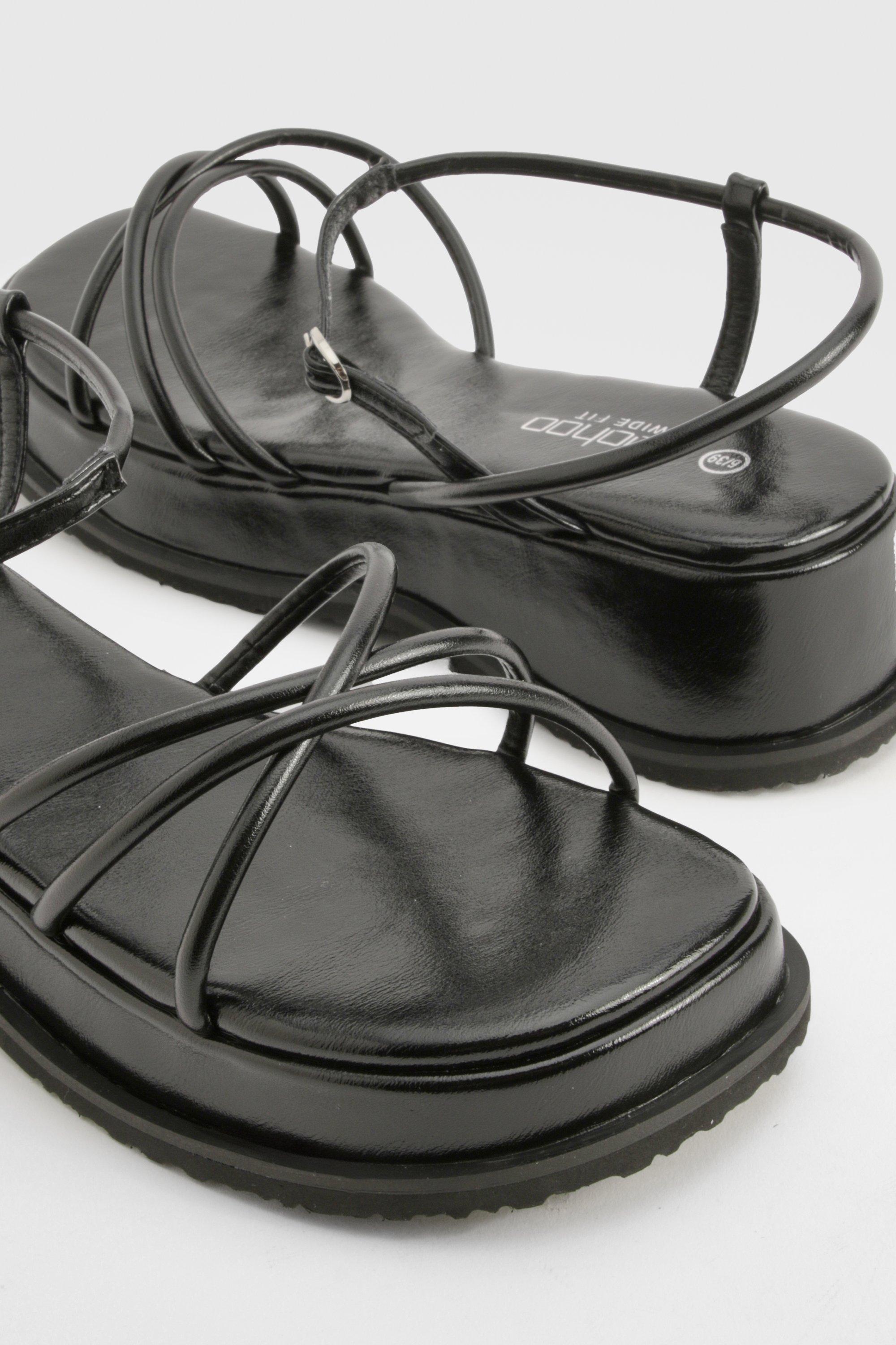 boohoo Wide Width Multi Strap Flatforms Black Size 5