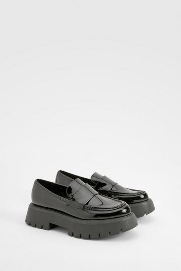 Platform Patent Chunky Sole T Bar Loafers black