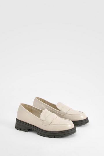 Contrast Sole Textured Patent Loafers ecru