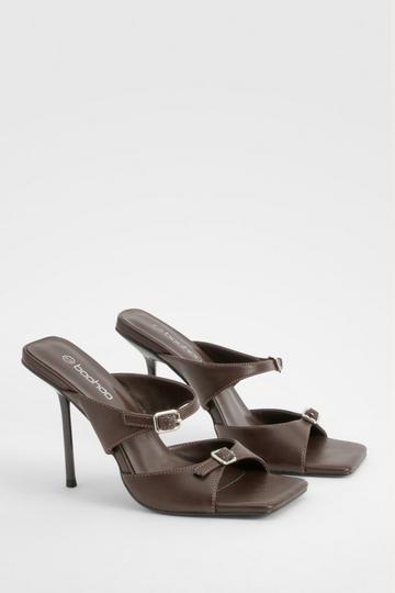 Double Buckle Square Toe Heeled Mules chocolate