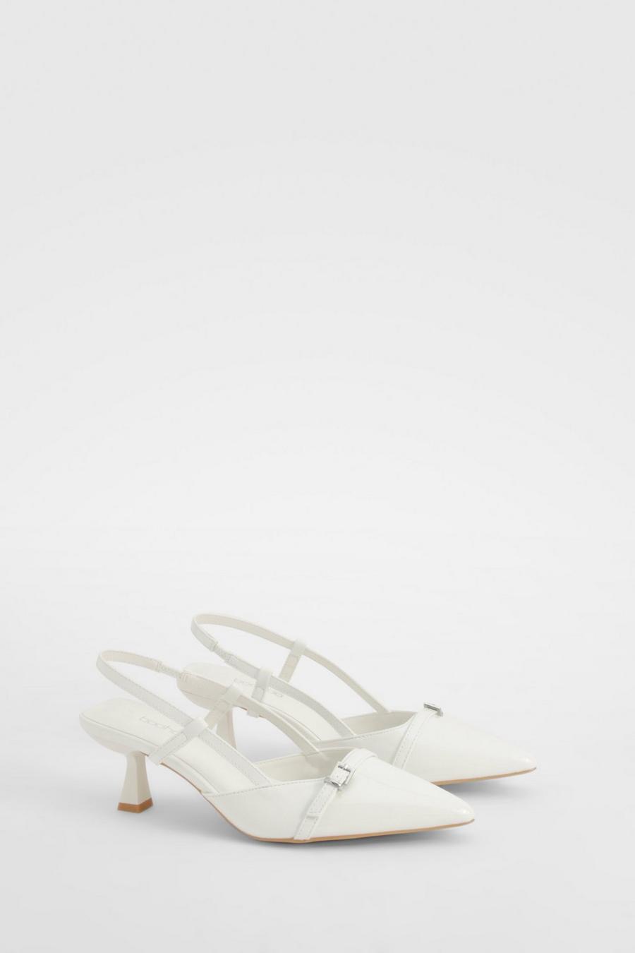 White Patent Buckle Detail Slingback Kitten Heel Courts  image number 1